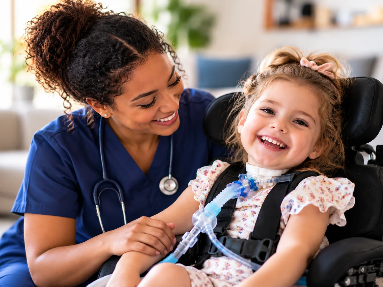 Smiling nurse with a young girl with a trach in her wheelchair at home